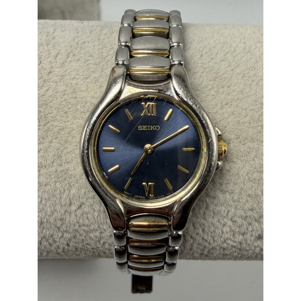 Seiko 1N00-1F10 New Battery Ladies Watch 22MM 5.75" Two Tone Vintage Blue Dial